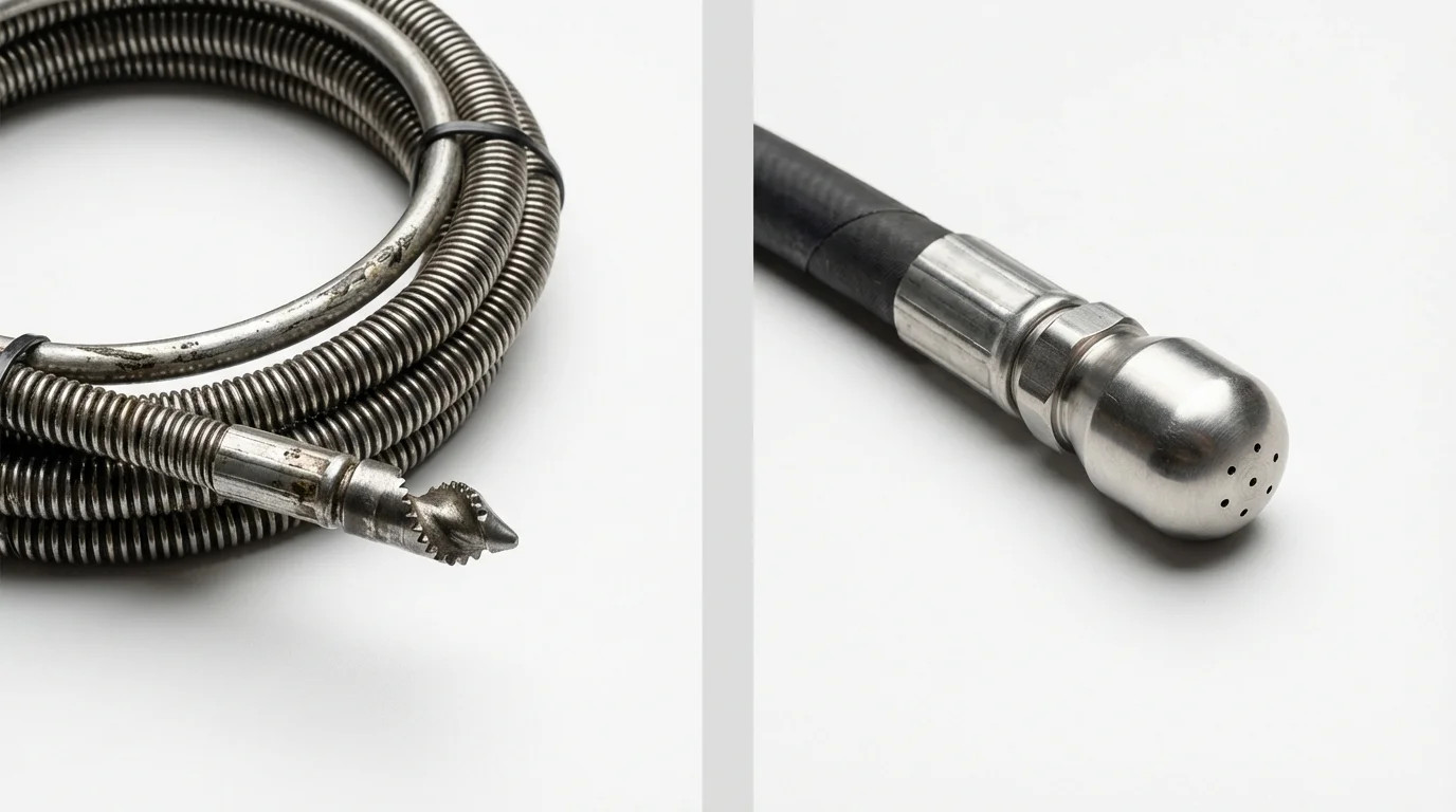 Drain snake cable and hydro jetting nozzle used for drain cleaning in Wilmington, IL