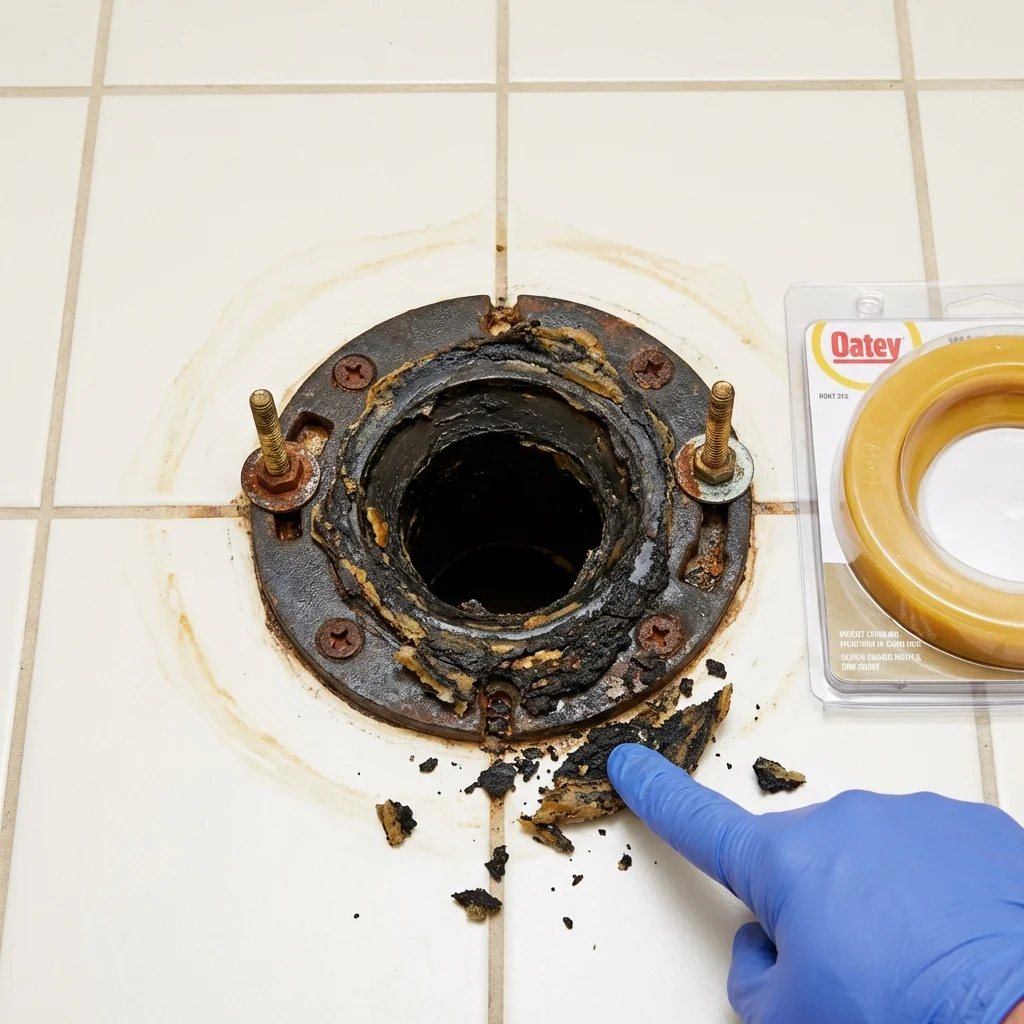 Failed wax ring showing water seepage at the base of a toilet in a Wilmington, IL home