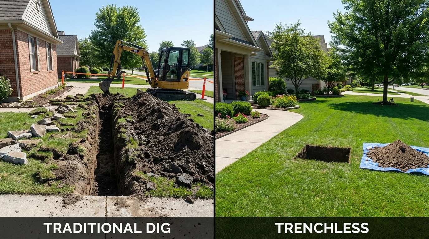 Trenchless sewer repair with minimal yard damage versus traditional excavation in Wilmington, IL