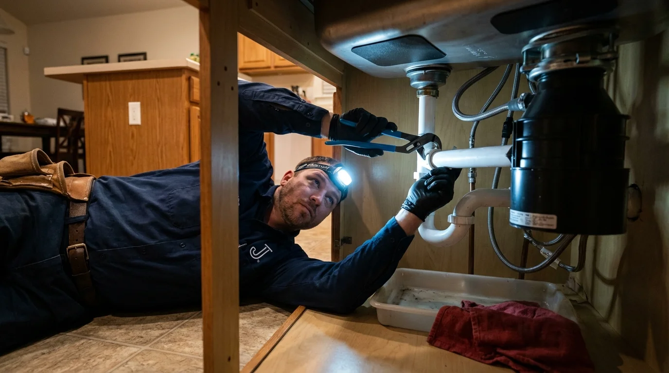 P-trap and supply line connections under a kitchen sink showing a common leak point in Wilmington, IL